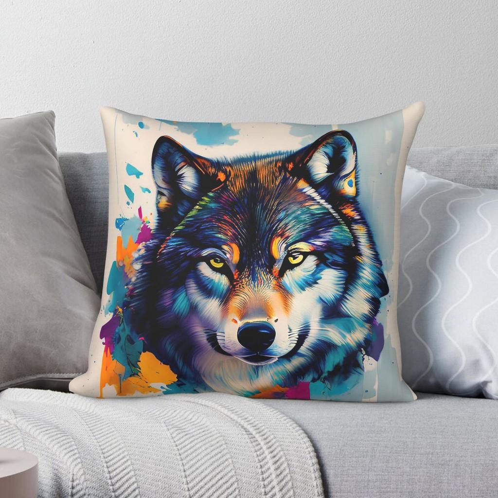 Wolf Watercolor Square Pillowcase Polyester Linen Velvet Pattern Zip Decor Bed Cushion Cover