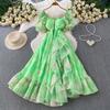 French beautiful super fairy chiffon printed square neck bubble sleeve dress women's vacation waist thin ruffle edge dress