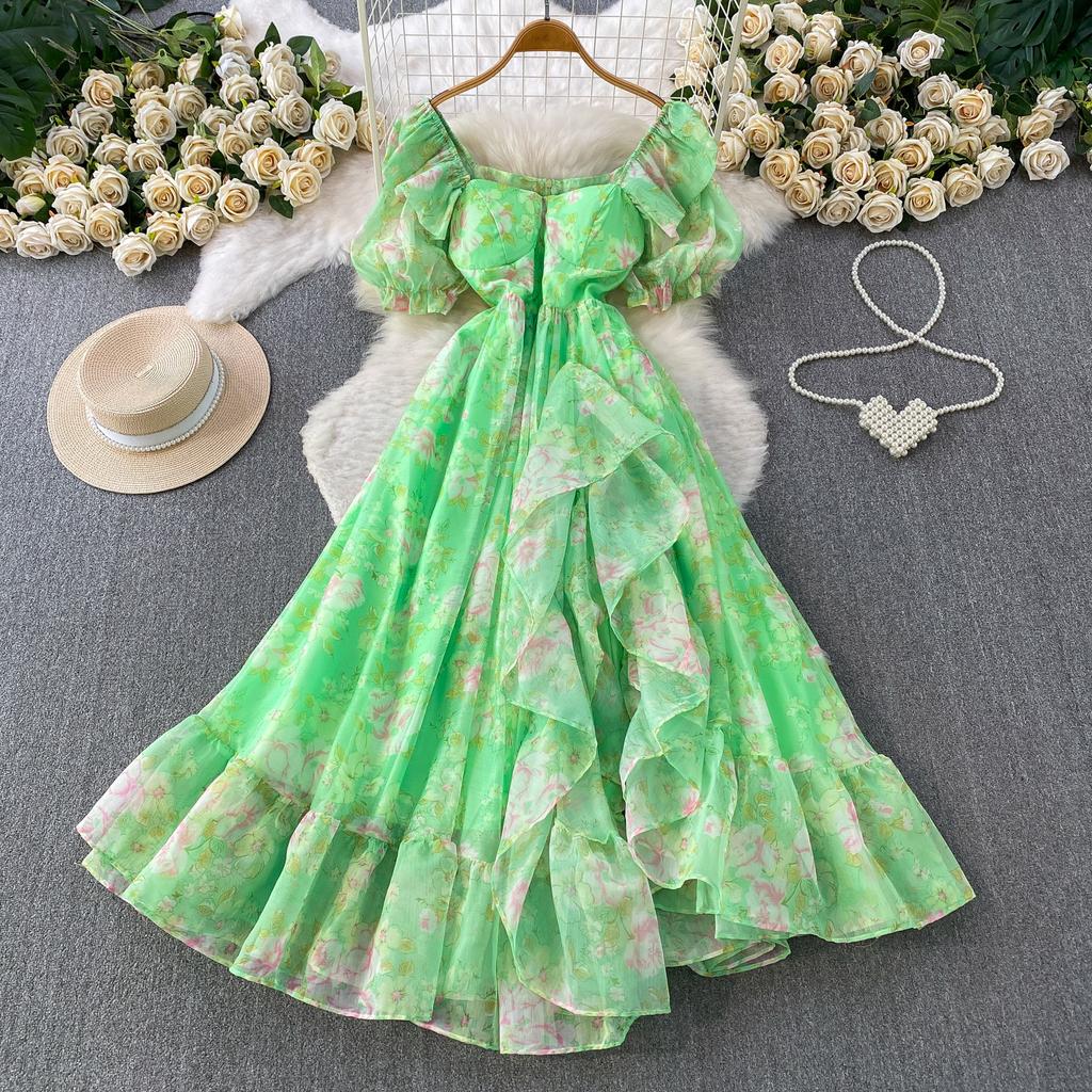 French beautiful super fairy chiffon printed square neck bubble sleeve dress women's vacation waist thin ruffle edge dress
