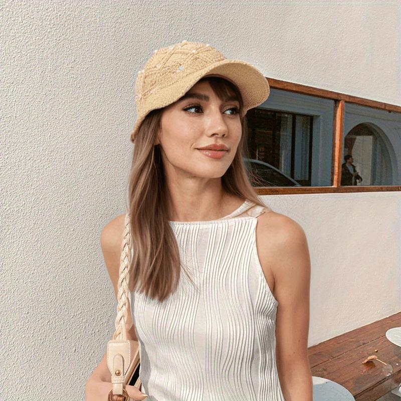 1pc of Four-Leaf Flower Pearl Hat for Women, Stylish And Versatile with Pearl And Rhinestone Mesh, Adjustable Summer Baseball Cap