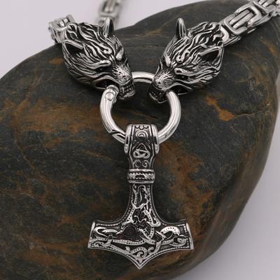 Stainless Steel Square Chain Wolf Necklace Vintage Norse Viking Odin Celtic Thor's Hammer Pendant Men Party Biker Amulet Jewelry