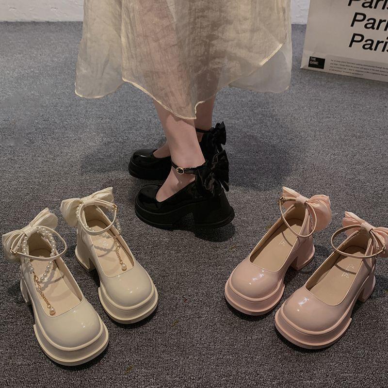 Sweet bow Mary Jane small leather shoes women's spring 2025 new thick-soled thick-heeled wedding shoes bridesmaid shoes