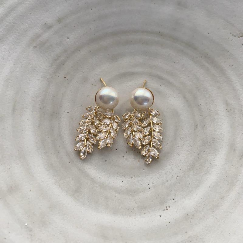 Wheat Ear Zircon Pearl Earrings, Leaves Are Sweet And Super Flash, Advanced Sense