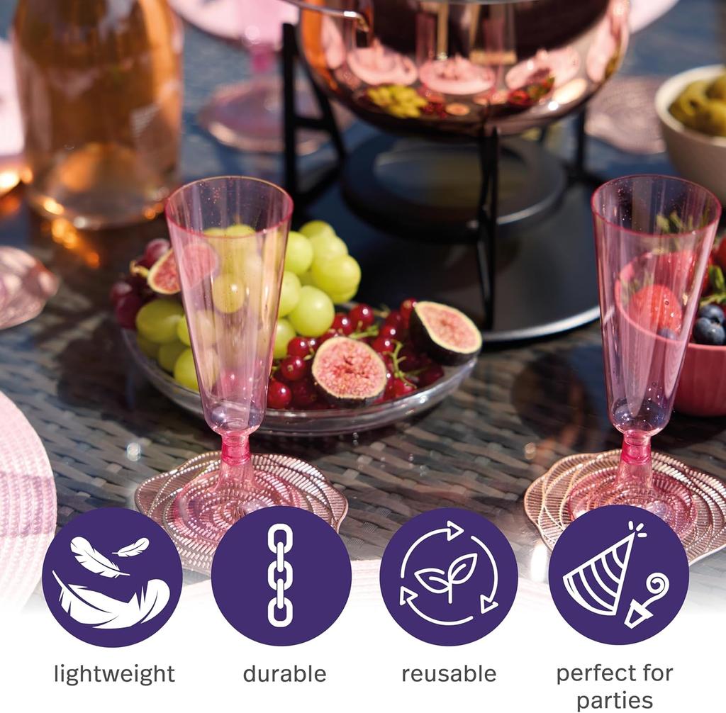 50-Pack Glitter Pink Champagne Flutes, 5 Oz Reusable Plastic Wine Glasses for Wedding, Bridal Shower, Girls' Party