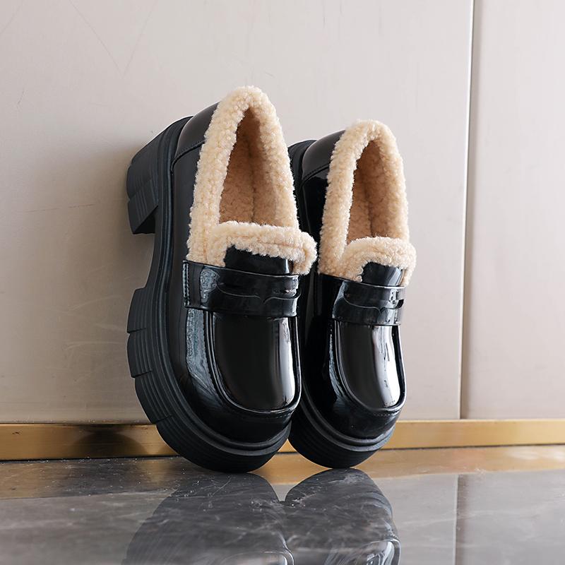 TUINANLE Winter New Plush Lined Loafers Women's Retro Chunky Platform Fluffy Leather Shoes Comfortable & Warm