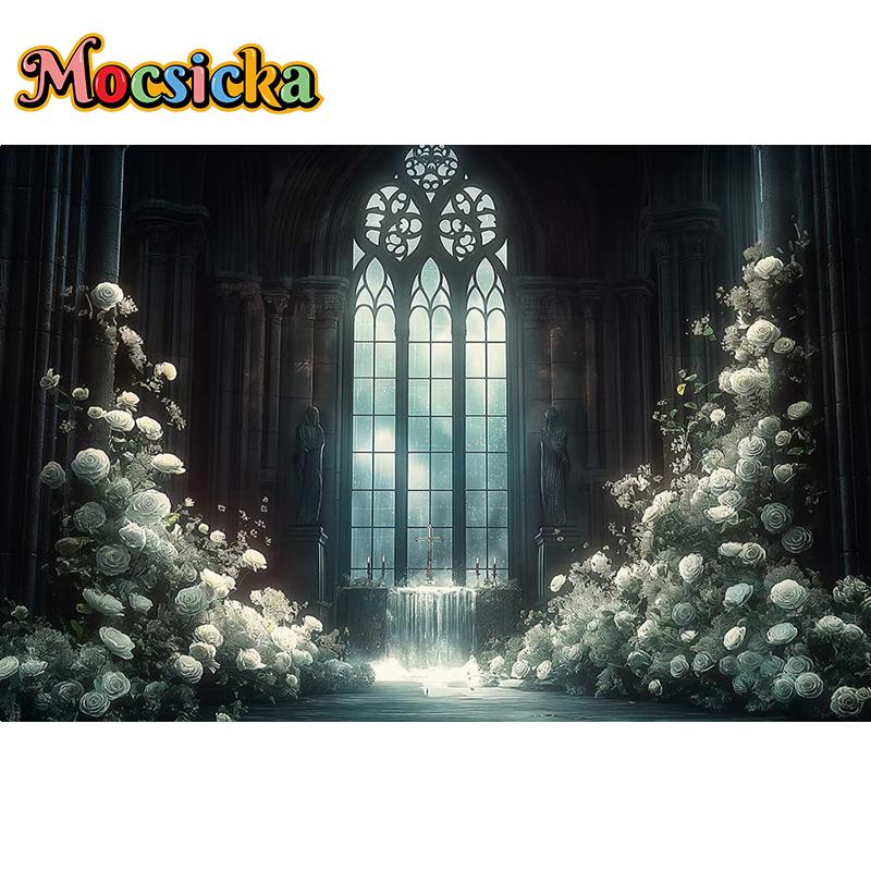 Mocsicka Photography Background Dreamy Misty Arch Castle Floral Decor Wedding Maternity Adult Art Portrait Backdrop Photo Studio