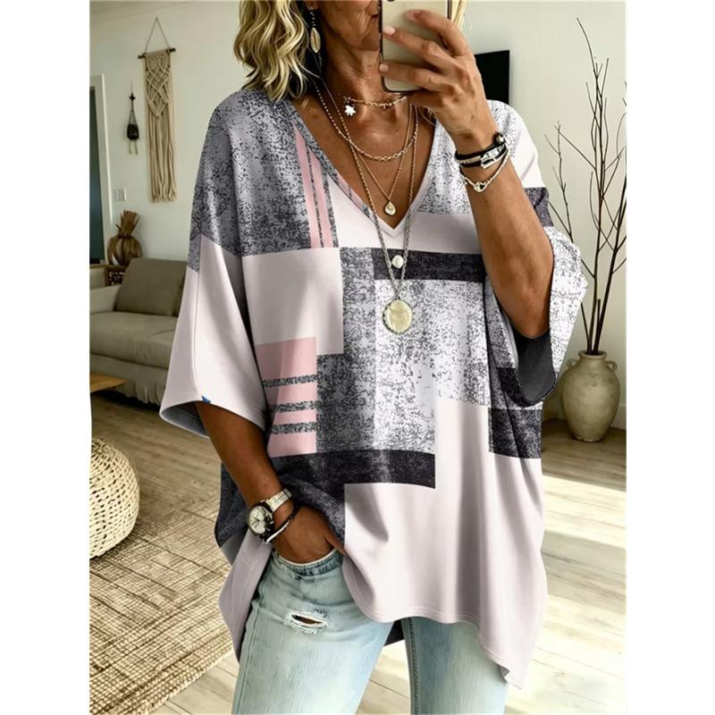 Übergrößen Damen V-Ausschnitt Fledermausärmel T-Shirt Bohemian Ethnischer Druck Lockerer Oberteil Sommer Bequem Atmungsaktiv Tägliches Pendeln Lässig Schlankmachender Stil