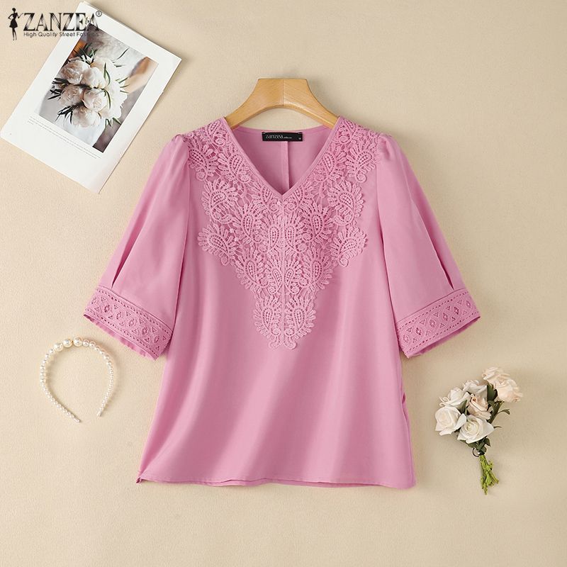 ZANZEA Blusa Casual da Donna a Maniche Corte con Patchwork di Pizzo e Scollo a V