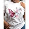 Women White Butterfly Floral Print T-Shirt Round Neck Relaxed Fit Spring Summer Fall Casual Vacation Top