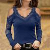 New Spring Autumn Women's Fashion V Neck Blouse Solid Color Off Shoulder Tops Long Sleeve Sexy Lace T-Shirt Slim Fit Blouses Tops
