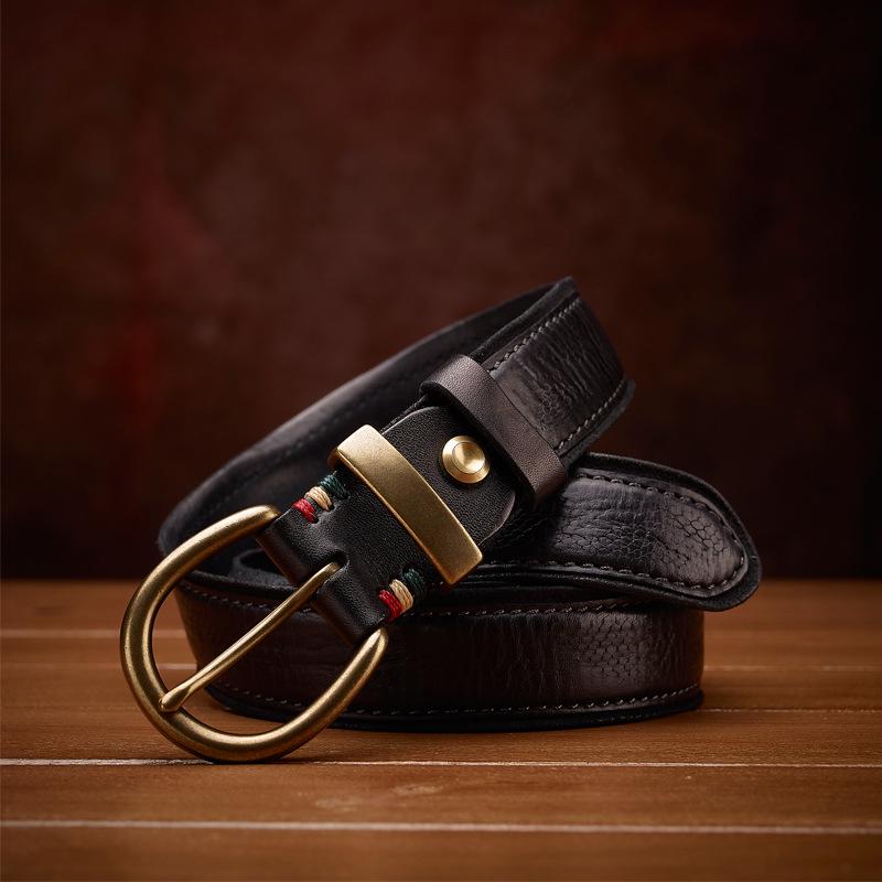 Men s Genuine Leather Retro Belt, Hand-stitched Cowhide, Versatile Korean Trend for Jeans 125cm