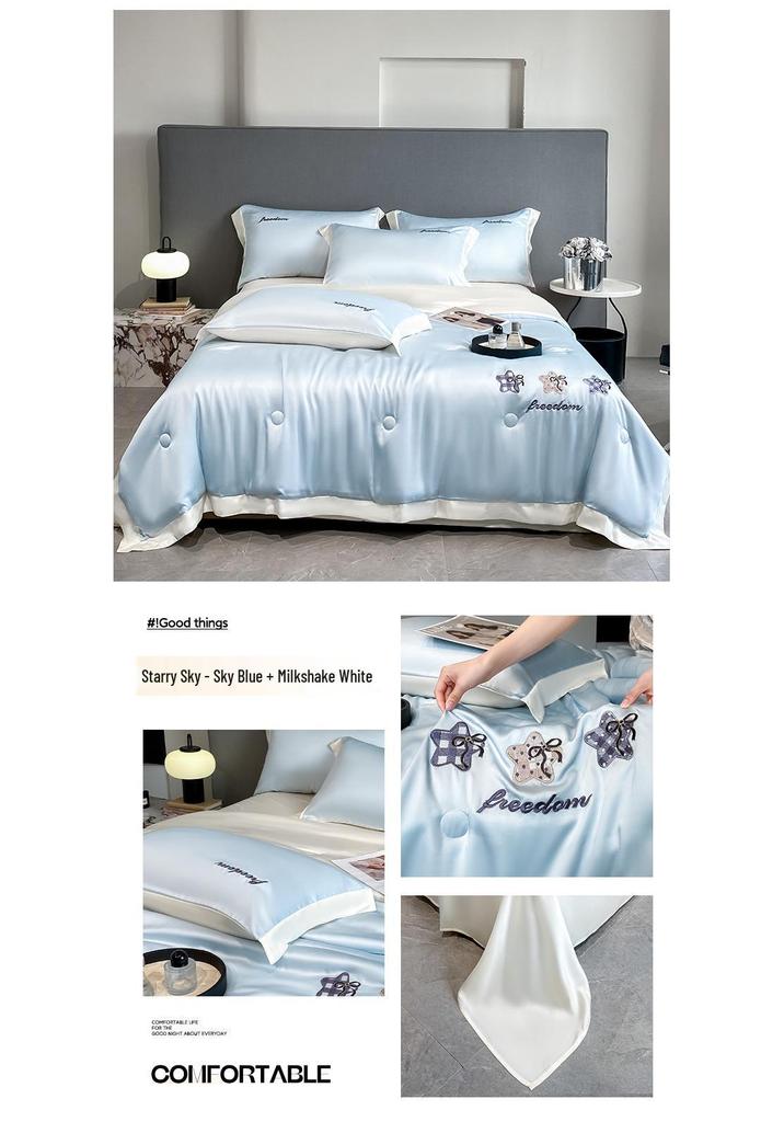 Class A Ice Silk Water Washable Summer Quilt Set - Naked Sleep Embroidery, Thin Blanket, Air Conditioning Quilt, Four-Piece Gift.