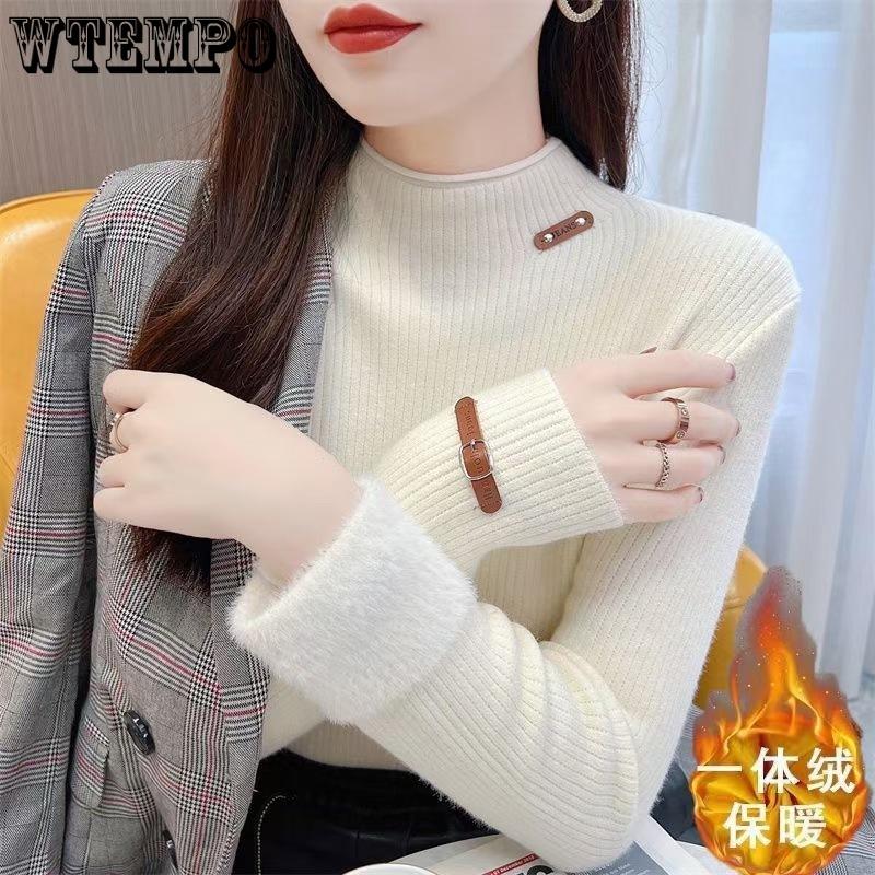 Autumn and Winter Sweater Solid Color Winter Base Knitted Sweater Women's Plush Knitted Velvet Inner High Collar
