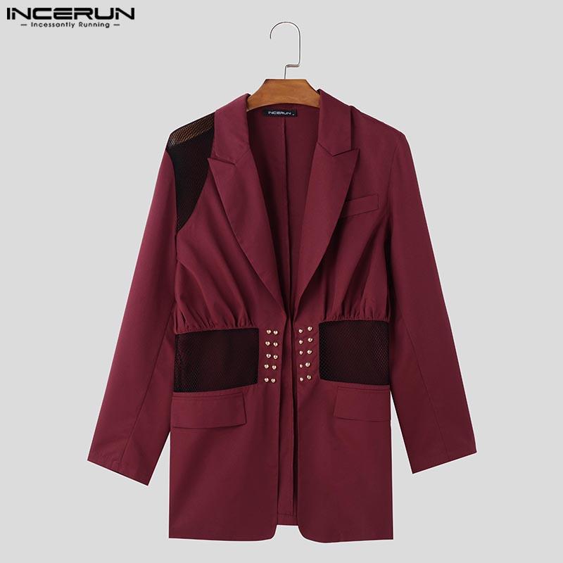 Incerun Lapel Long Sleeve Men Mesh Patchwork See Through Casual Thin Blazer Coats