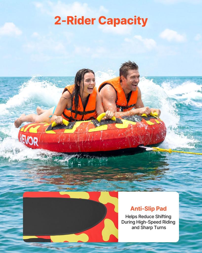 Towable Tubes for Boating, 2-Rider Inflatable Boat Tubes and Towables, 154kg Capacity Water Sport Tube for Boat to Pull - with Anti-Slip Pad, Full