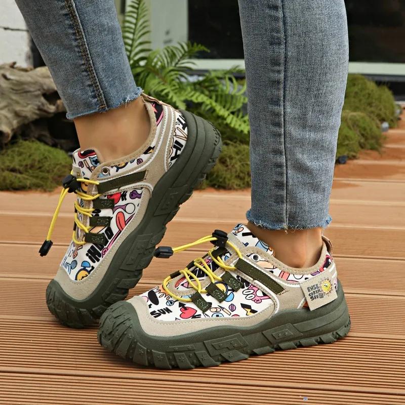 

Женские повседневные кроссовки на шнуровке, обувь для хайкинга, нескользящая обувь для спорта на открытом воздухе, ультрамягкая обувь для ходьбы с принтом, большой размер 43 36 хаки