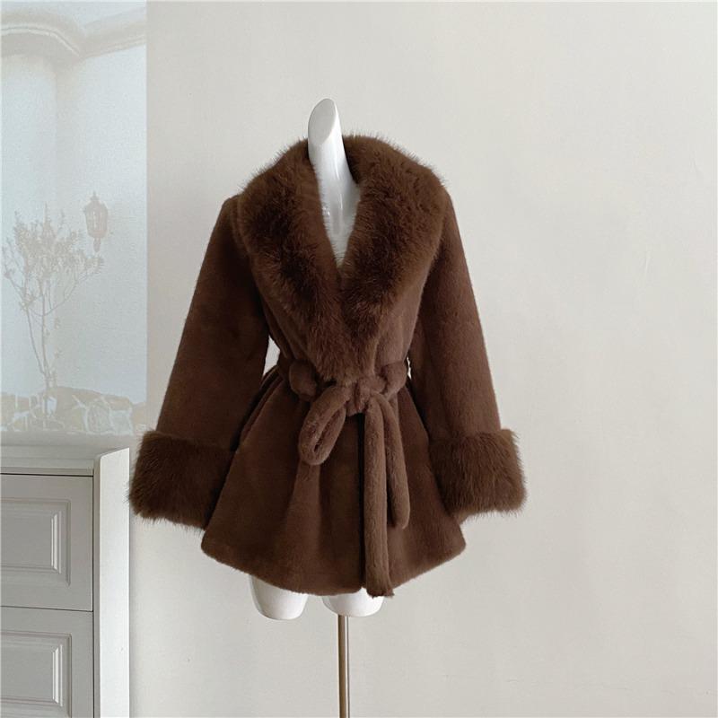 

Осенне-зимнее женское толстое теплое пальто с большим меховым воротником из искусственного меха One Size хаки