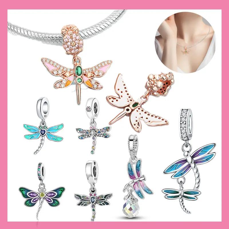 New Copper Blue Gold Butterfly Dangle Charm Fits Original Bracelet Necklace Spring Series Fine Jewelry