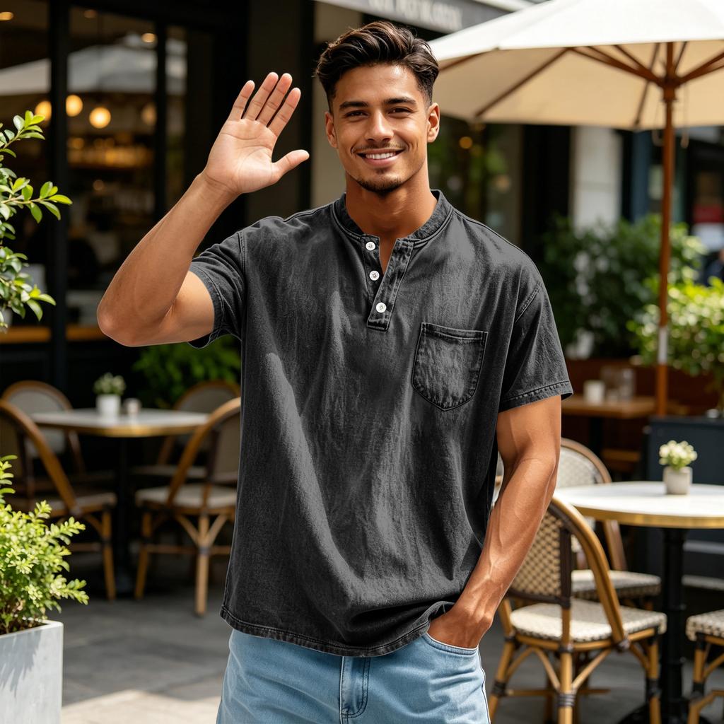 Men's Casual Short Sleeve Henley Shirt Lightweight Breathable Button Front Pocket Tee Top