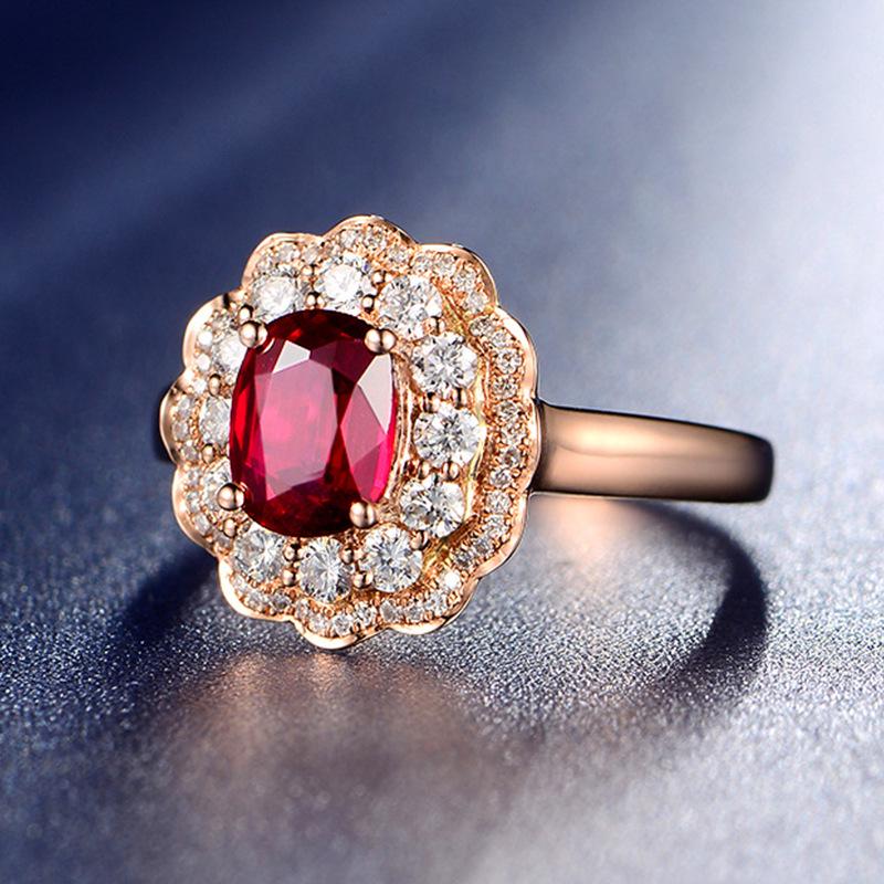 Flower-Shaped Pigeon Blood Ruby Ring with Full Diamond, Adjustable Rose Gold Plated Setting