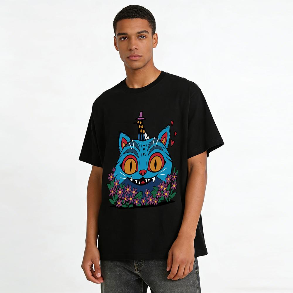 Whimsical Blue Cat In Floral Print Casual T-shirt Unisex Loose Fit Top With Quirky Animal Graphic Pure cotton T-shirt