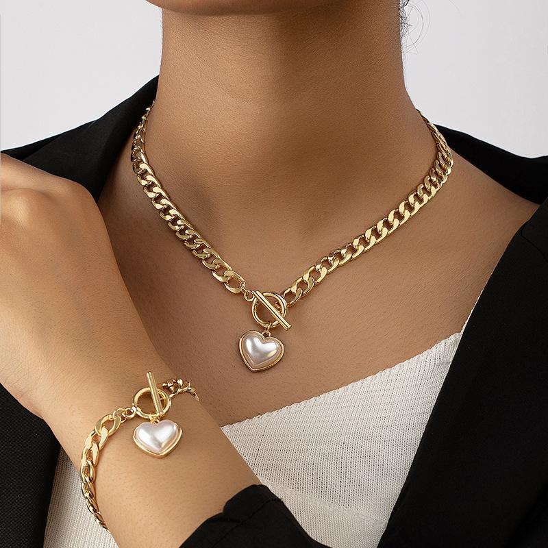 

2PC Fashion Love Heart Necklace Bracelets Stainless Steel Minimalist Jewelry Set Women/Girls Accesories золотистый
