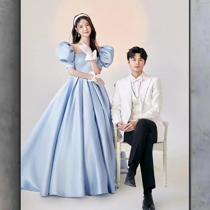 Indoor Long Trailing New Body Main Picture Dress Couple Dress Korean Version Blue Short-sleeved Lawn