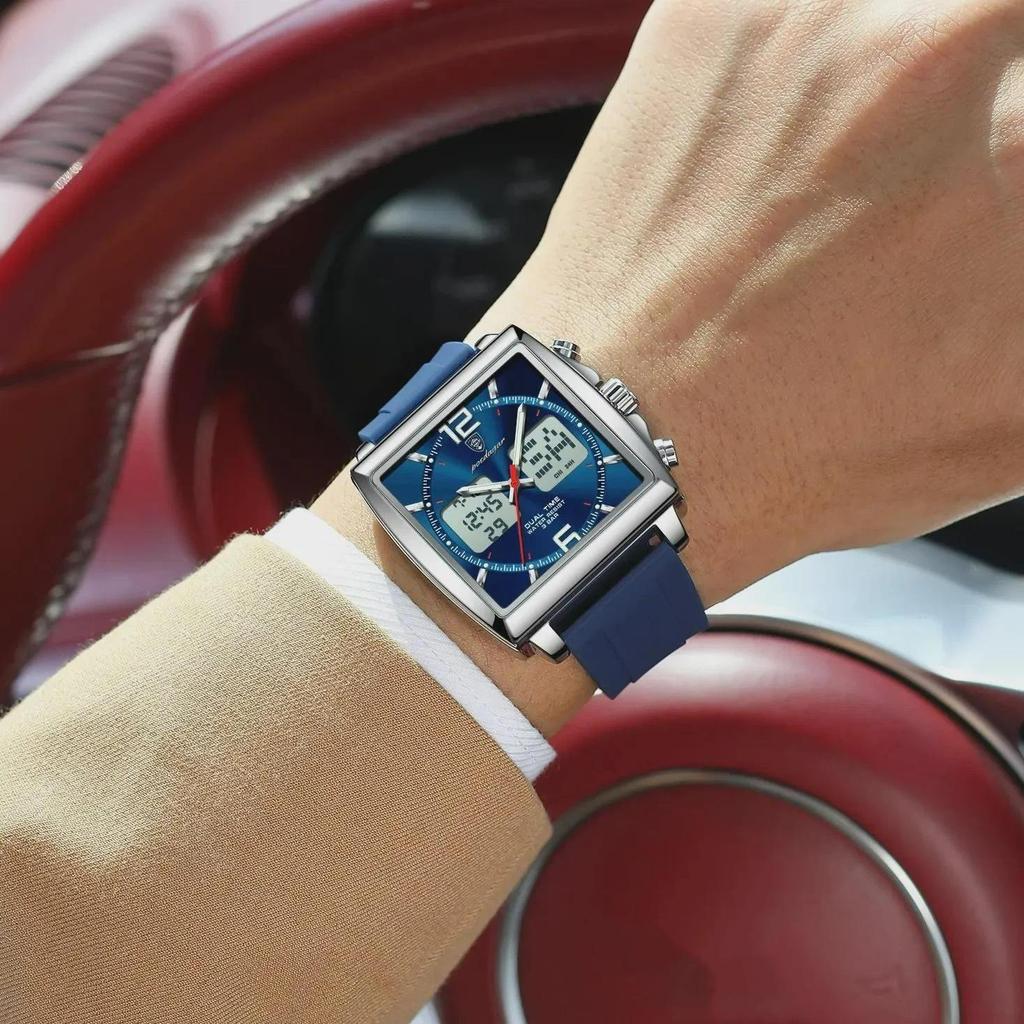 POEDAGAR Luxury Man Watch Electronic Square LED Alarm Chronograph Men's Watches Week Date Dual Time Display Men Quartz Clock