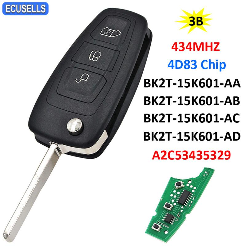 Ecusells Remote Car Key 434MHz 4D83 Chip A2C53435329 For Ford Transit Connect Transit Custom 2012-2016 BK2T-15K601-AA/ AB/ AC/AD