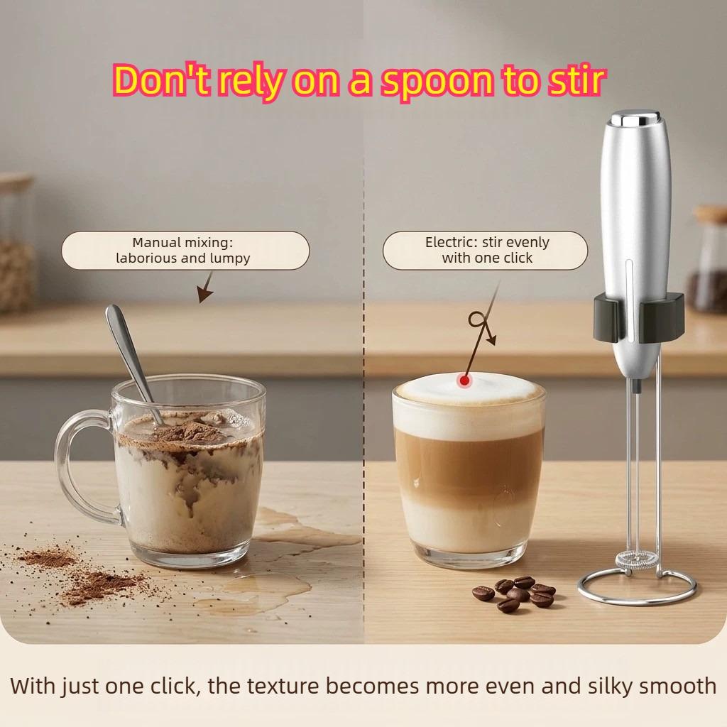 Electric Milk Frother Handheld Foam Maker for Coffee, Latte, Cappuccino – Portable Mini Whisk Drink Mixer with Stainless Steel Frothing Wand