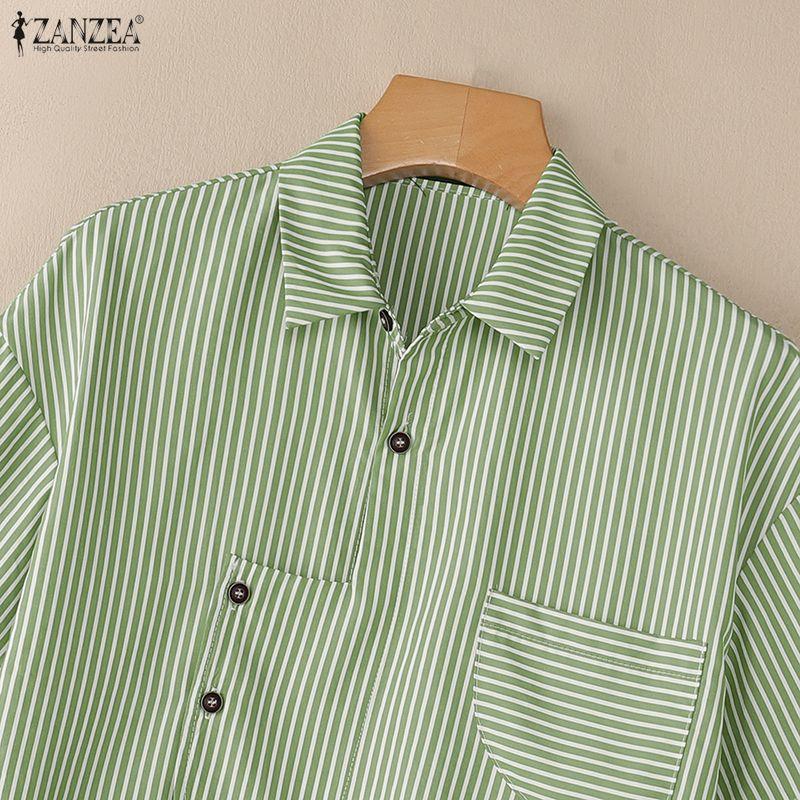 ZANZEA Women Casual Turn Down Collar Loose Short Sleeve Stripe Blouse