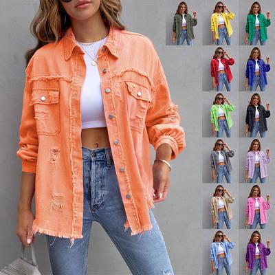 Women Spring Autumn Shirt Style Jeancoat Holes Raw-edges Denim Jacket  Casual Top Rose-Red Orange Purple Outerwear Lady Coat