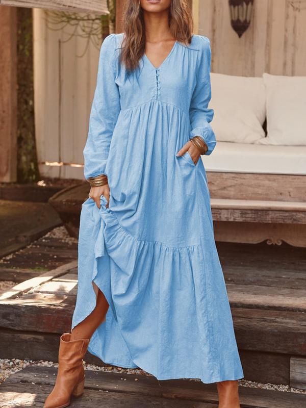 Women's Cotton and Linen Retro Casual Long Sleeved Dress