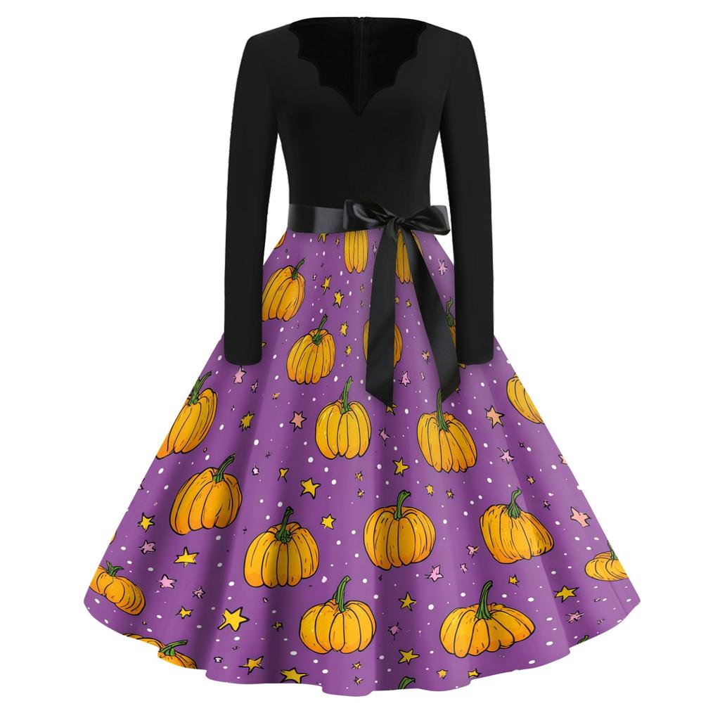 Women's Casual Vintage V Neck Dress Halloween Print Long Sleeve Retro Style A Line Midi Dress with Waist Tie Belt
