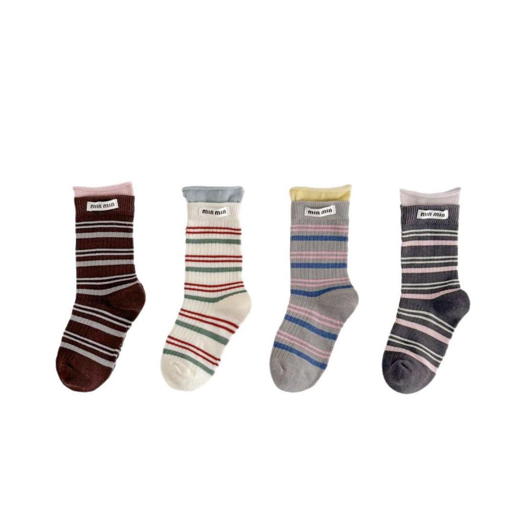 Girls' Striped Miu Series Spring & Autumn Boneless Mid-Tube Socks