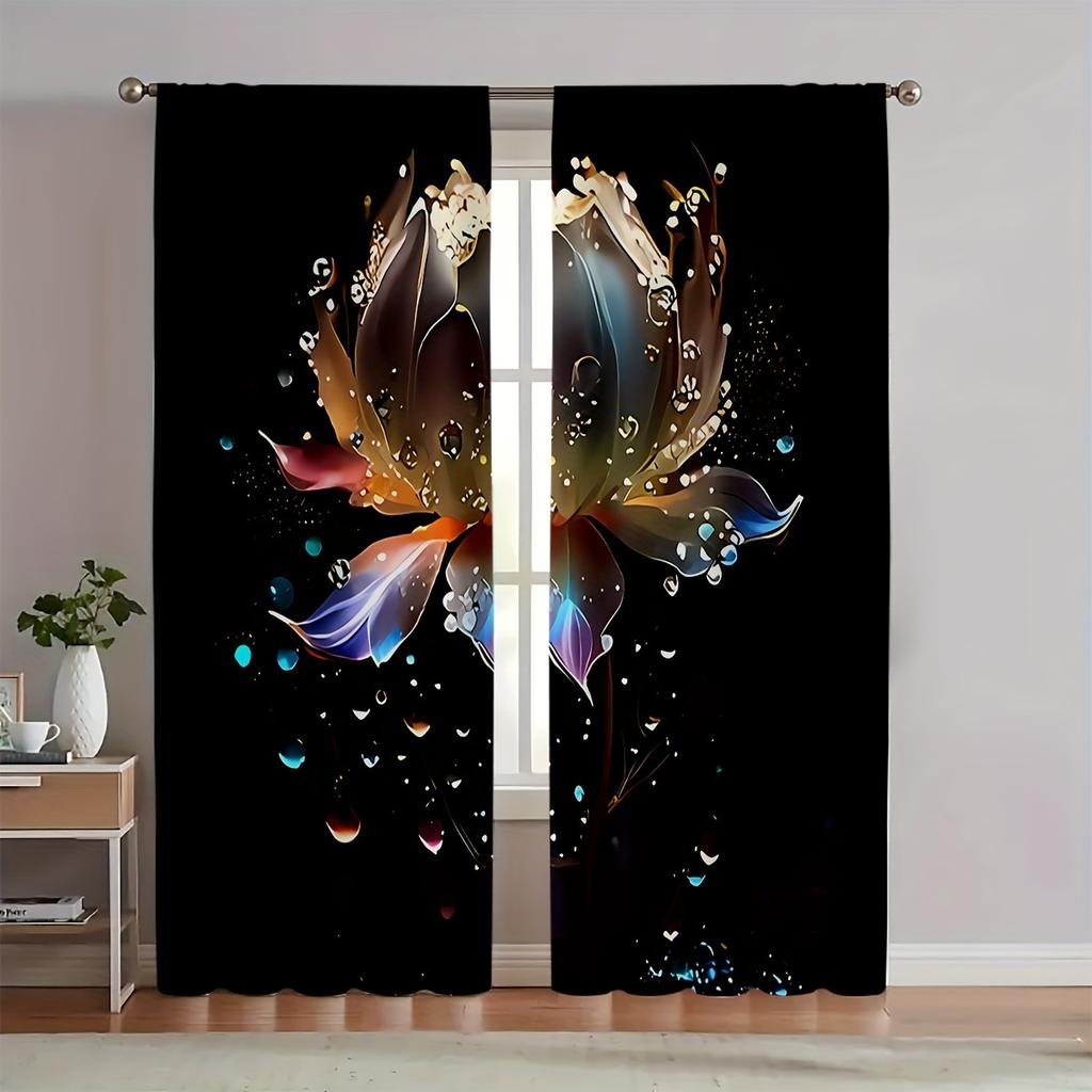 2pcs For Lotus Pattern Semi-Sheer Curtains - Polyester   Machine Washable   with Rod Pocket for Bedroom & Living Room Decor