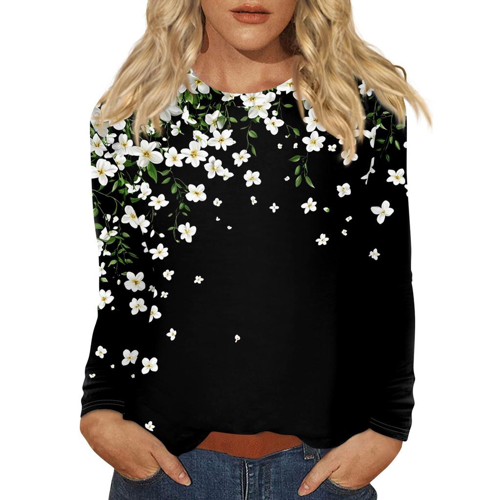 Women's Fashion Casual Round Neck Long Sleeve Printed T-shirt Top