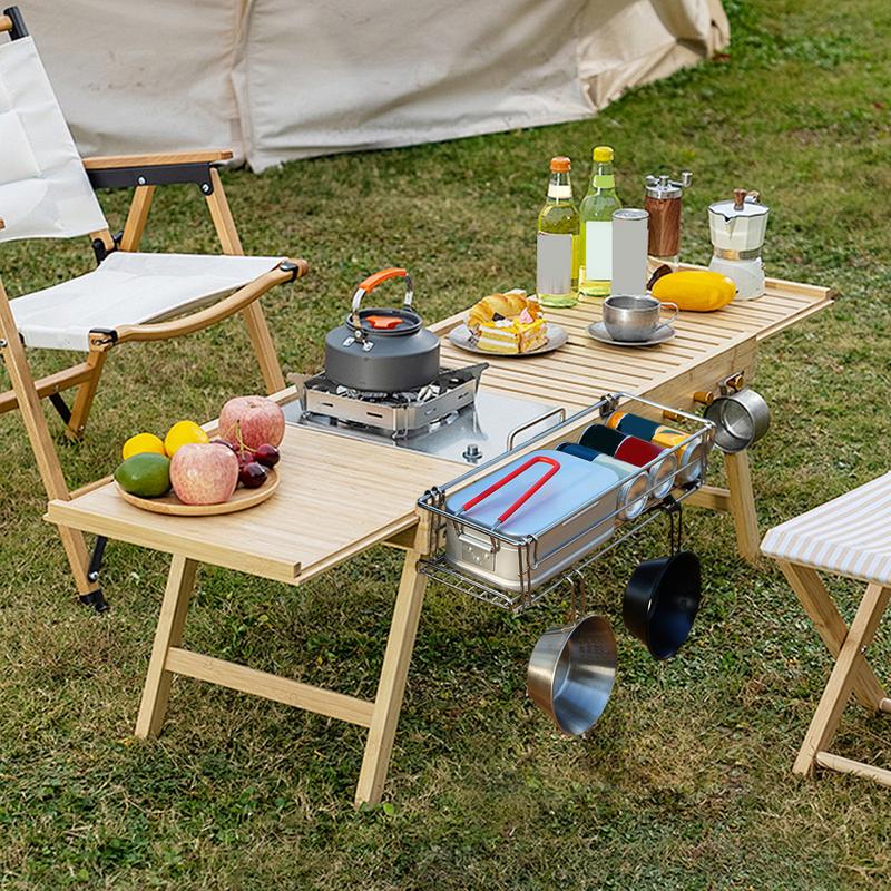 Outdoor stainless steel Table Side Storage Rack Hanging Mesh Table Expansion Bracket Folding Table Extension Basket Folding Rack