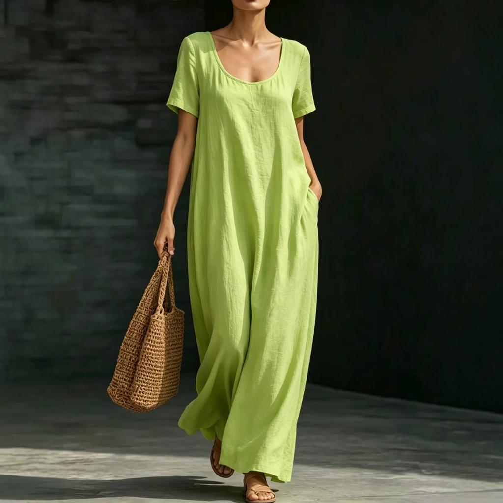 Cross-border foreign trade Amazon popular summer dress U-neck short-sleeved loose pendulum long dress casual solid color women's clothing