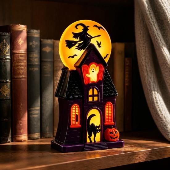 Witch Moon Glow Lanterns Halloween Haunted House Blow Mold Light, Vintage Pre-Lit Mansion Decor with Glowing Style Molded Ghost Black Cat, Indoor