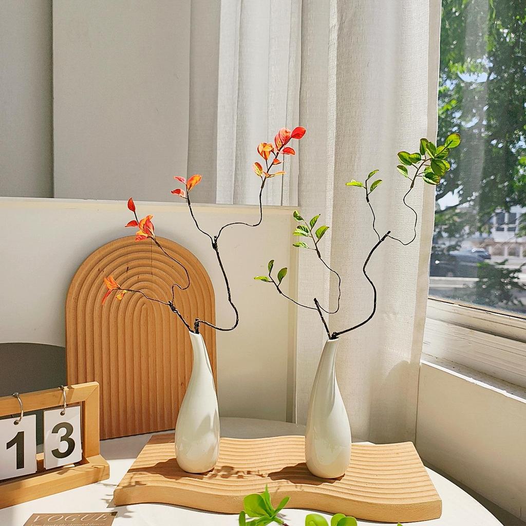 Green Plants Ceramic Vase with Hanging Bells and Artificial Flowers - Home Decoration Props