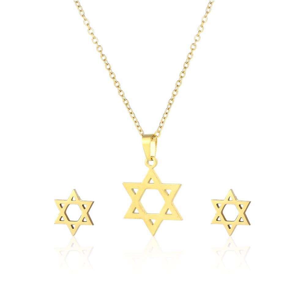 Punk Star of David Pendant Necklace Earrings Set Gold Color Stainless Steel Jewish Hexagram for Women Religious Jewelry Set