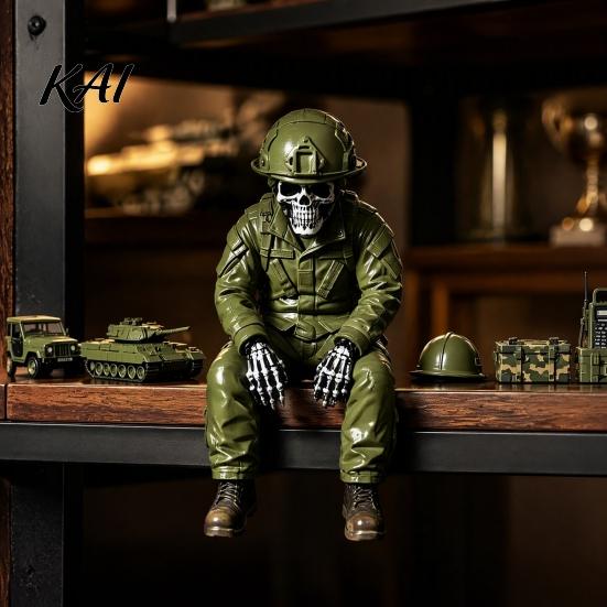 Gothic Theme Accessories Halloween Skeleton Ornament, Policeman/Military Resin Skull Figurine, Spooky Bookshelf Decorations Dark Style Sitting