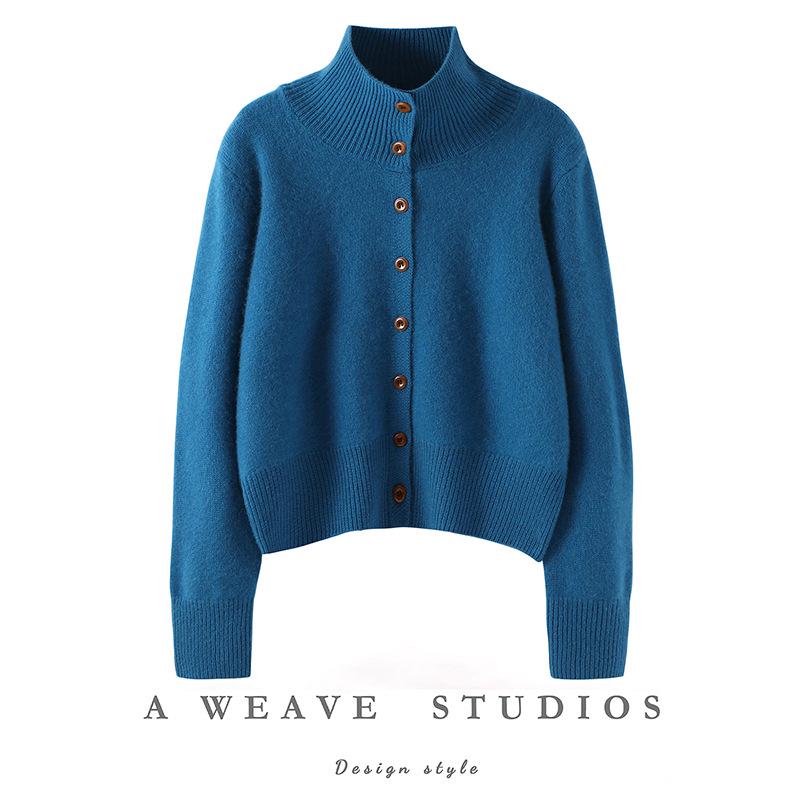 Women's Three-Ply Thickened Cashmere Knit Cardigan: Loose, Slimming, Half-High Collar Single-Breasted Outerwear for Autumn and Winter