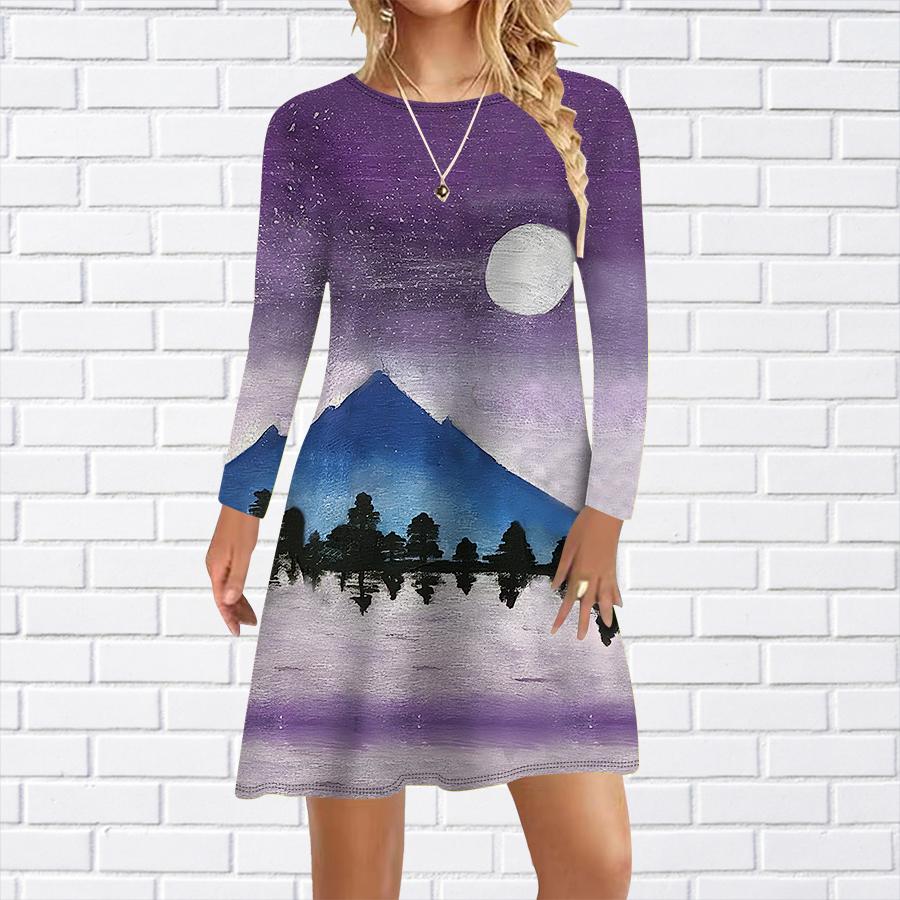 

Женское повседневное платье с принтом «Луна, горы, деревья», платья для женщин с круглым вырезом и короткими рукавами, платье больших размеров 8XL фиолетовый