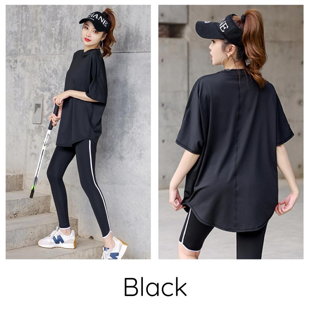 VeroMan Yoga Long Size Women's Top, Body-Contouring T-Shirt, Length, Pilates, ppi-ssd028 (Black, M)