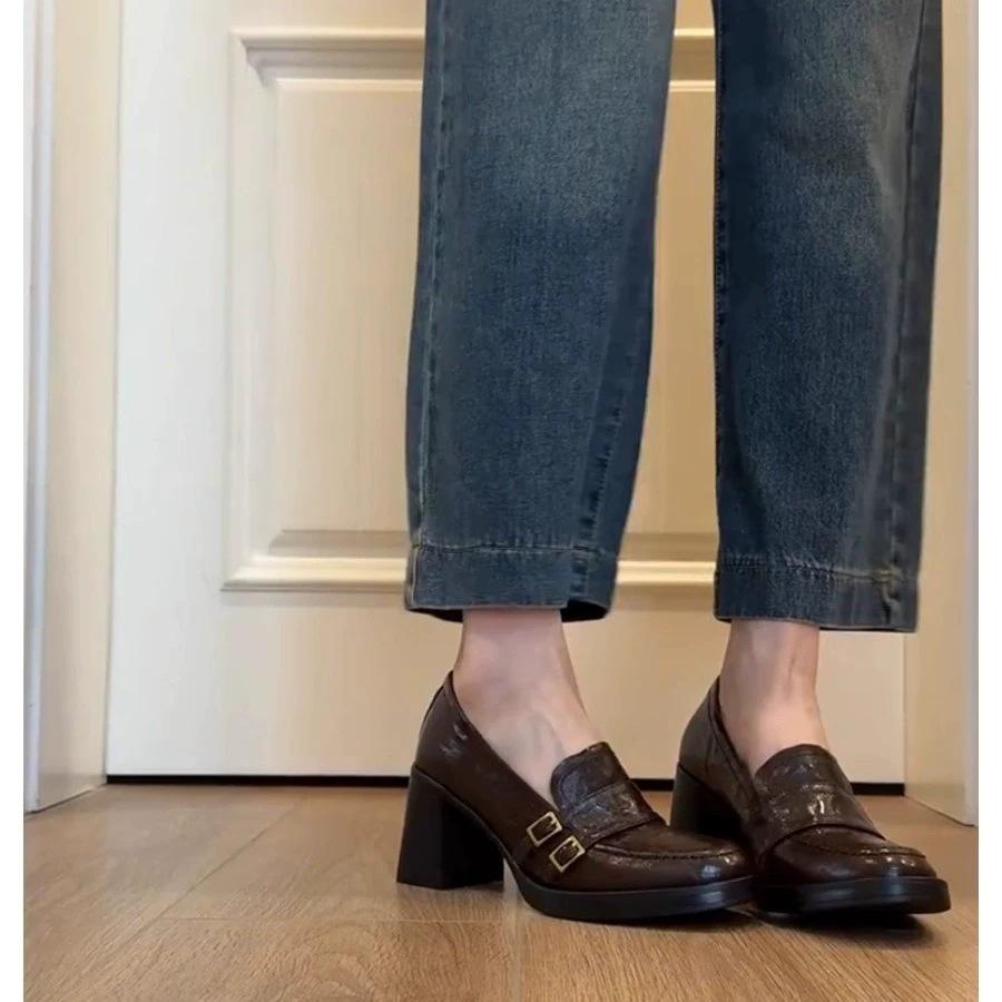 Spot~ Retro Leather Thick Heel Heightened Loafers Women's 2025 New British Style Small Commuter Small Leather Shoes