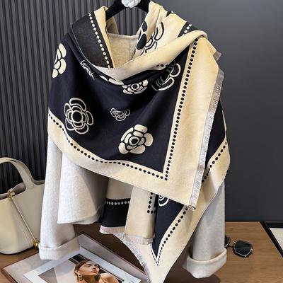 Temperament Small Fragrant Scarf Women'S Versatile Coat Decorative Warm Camellia Scarf Dual-Purpose Imitation Cashmere Shawl Thick