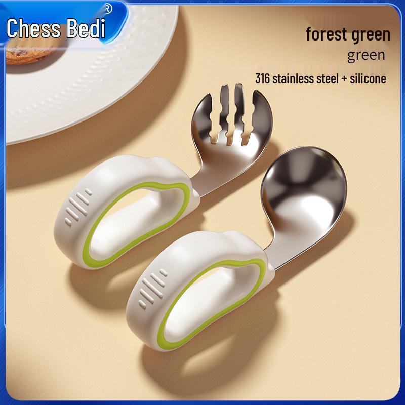 Infant Training Silicone Spoon & Fork Set - Stainless Steel, Short Handle, Bent Head for Learning To Eat