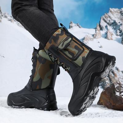 Herren Tarnung Mittelhohe Schneestiefel, Schnürung Dicke Sohle Fleecegefüttert Warm Outdoor Arbeit Baumwollschuhe